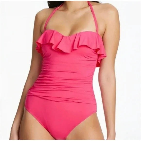 NWT Bleu Rod Beattie 6 Shirred Ruffle Bandeau Mio 1PC Swimsuit Pink 128203 - Picture 1 of 5